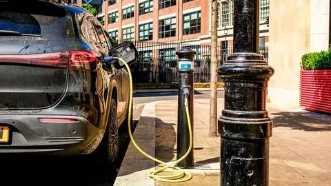 Un véhicule électrique en charge sur une borne de rue, câble branché à l'arrière du véhicule.