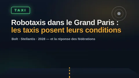 Lumineux TAXI vert et capteur de voiture autonome au-dessus du titre « Robotaxis dans le Grand Paris : les taxis posent leurs conditions »