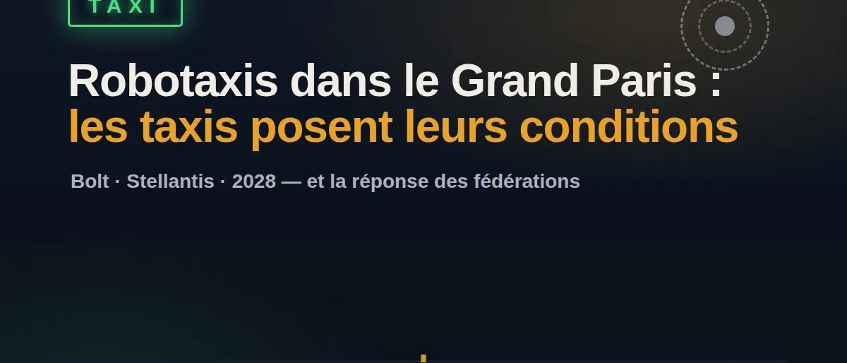 Lumineux TAXI vert et capteur de voiture autonome au-dessus du titre « Robotaxis dans le Grand Paris : les taxis posent leurs conditions »